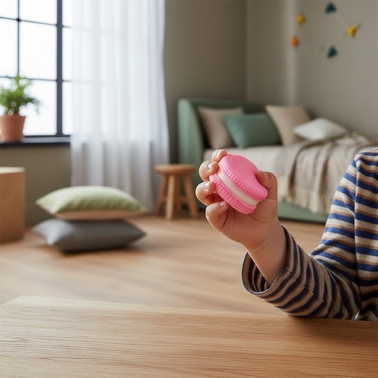 Balle anti-stress macaron rose - Main enfant chambre