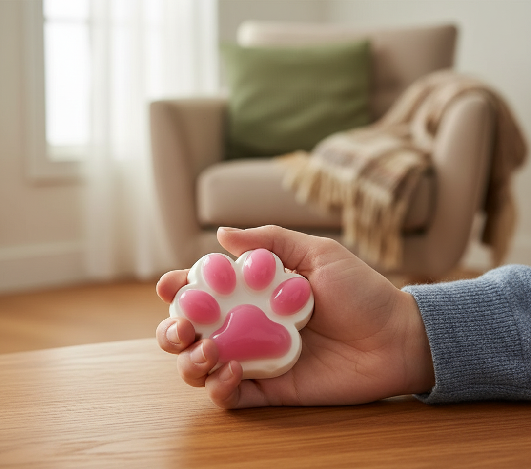 Balle anti-stress patte de chat - Main adulte salon