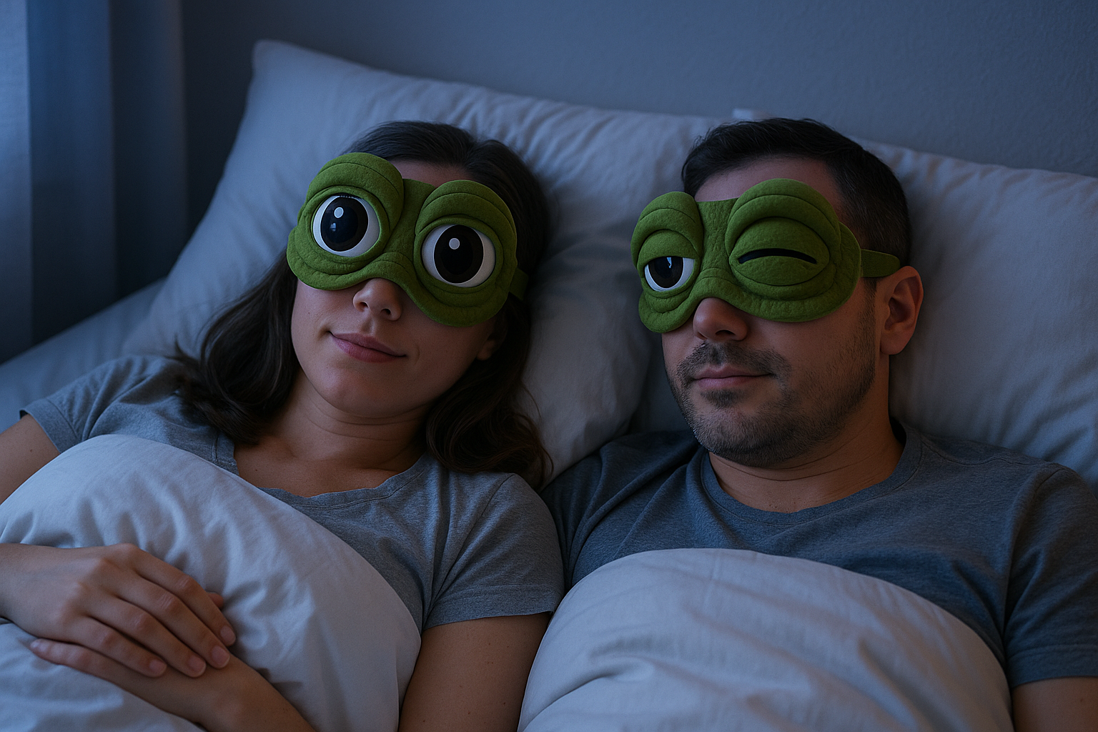 Couple endormi avec masques FrogZen - mise en situation romantique