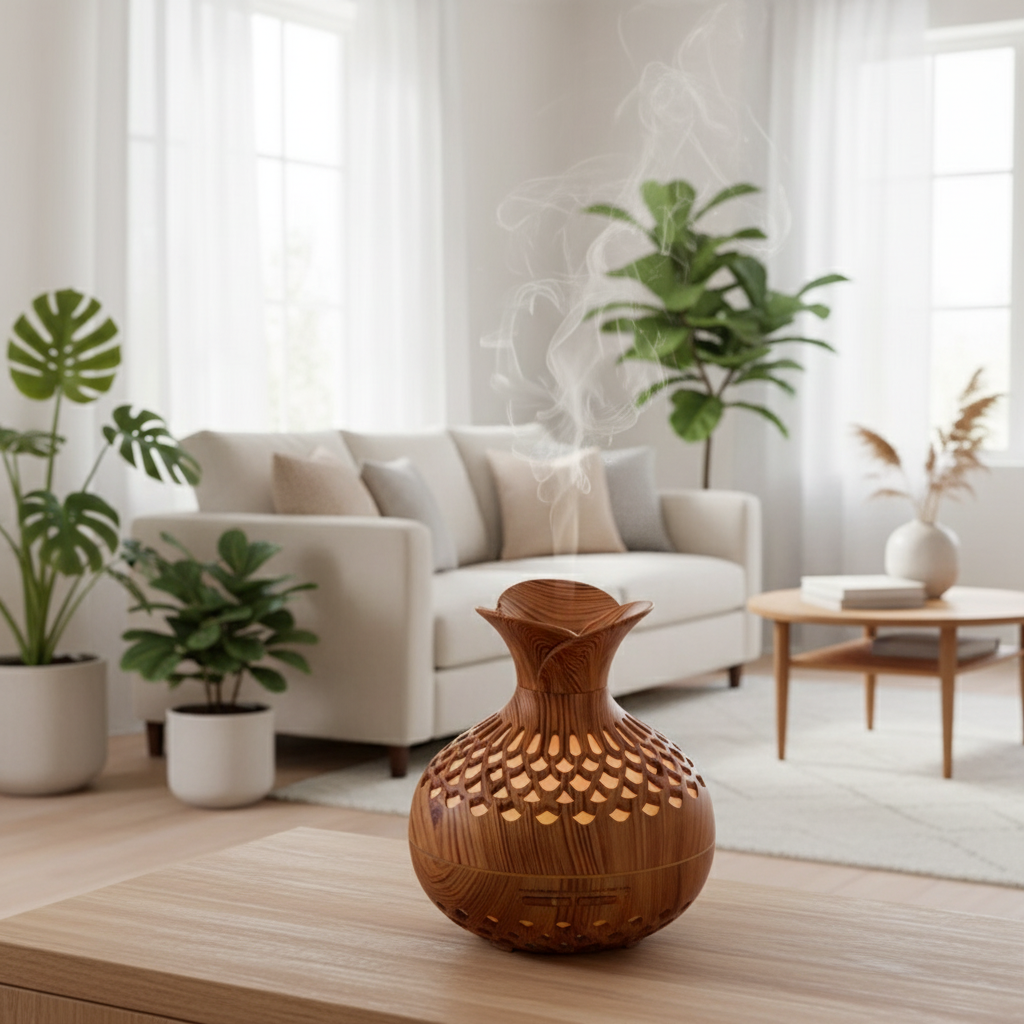 Diffuseur d'huiles essentielles VaseZen dans salon lumineux