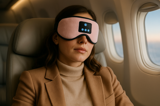 Femme avec masque de sommeil DreamSync dans un avion - panneau centré