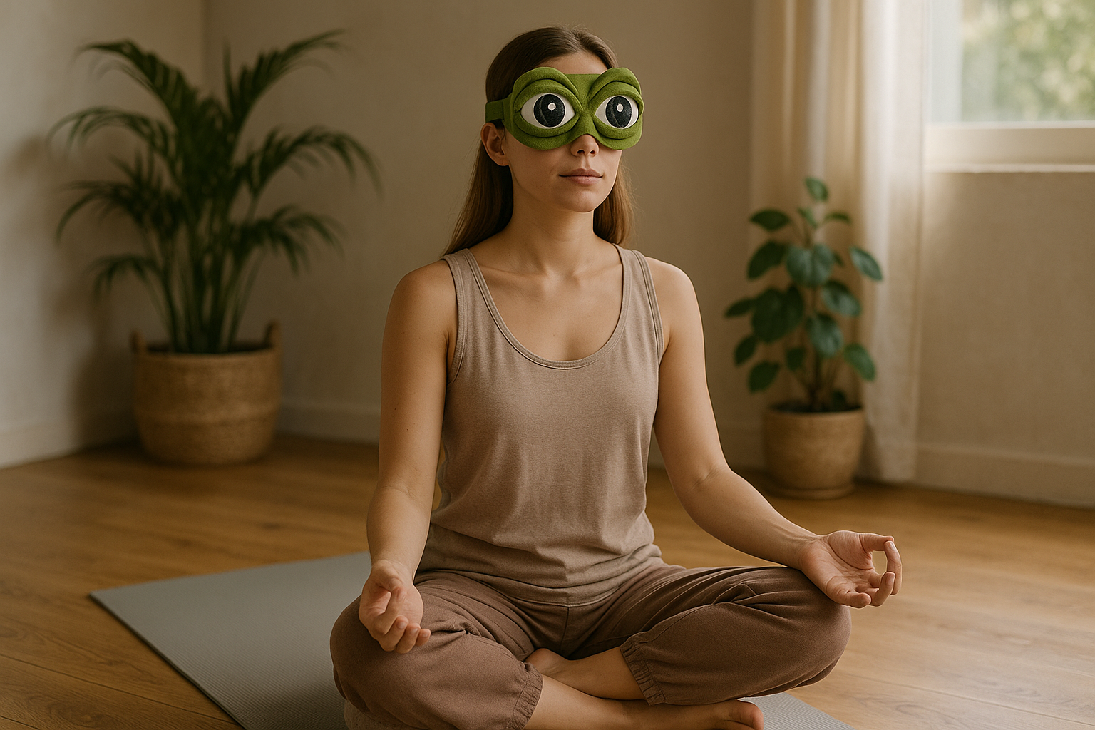Femme en méditation avec masque FrogZen sur zafu