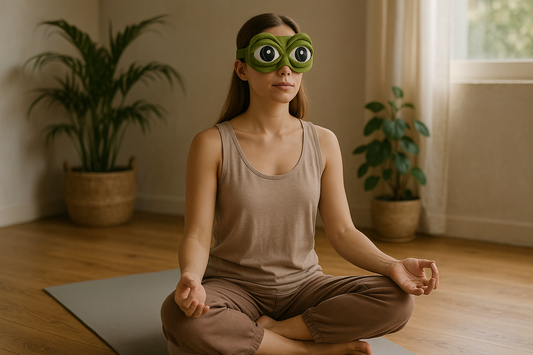 Femme en méditation avec masque FrogZen sur zafu