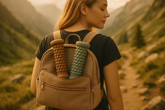 FootZen rouleau de massage pieds - femme avec sac à dos
