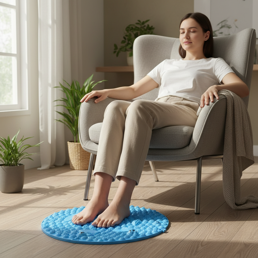 Image de mise en situation avec le tapis d'acupression FlexiZen bleu