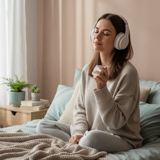 Jeune adulte avec casque utilisant la balle anti-stress ZenSqueeze dans sa chambre