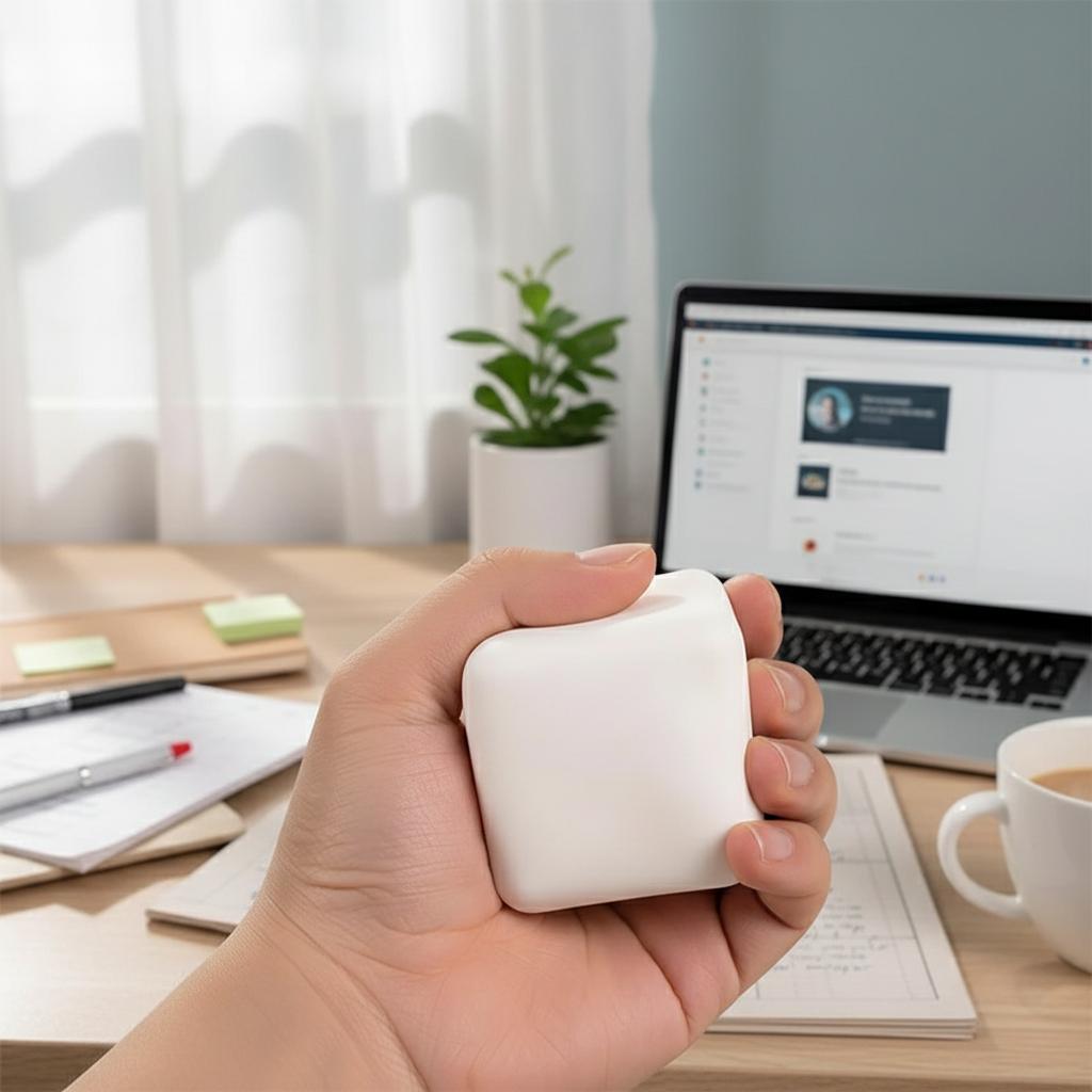 Mise en situation bureau avec balle anti-stress ZenSqueeze