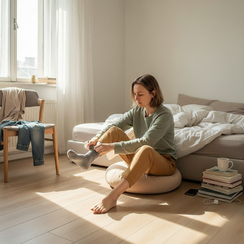 Zafu beige - Siège d'appoint dans chambre avec personne européenne