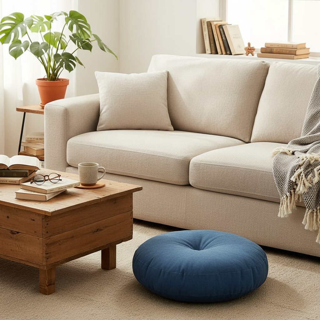 Zafu bleu - Élément déco dans salon cocooning